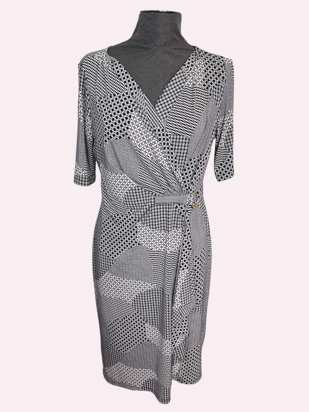 Jones New York Black and White Geometric Faux Wrap Midi Dress, Size 12